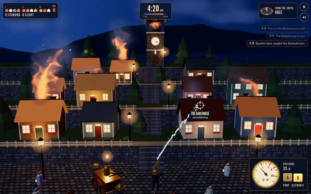 A still from Bucket Brigade: a hillside village of painted wooden houses at night, two roofs burning, smoke drifting downwind, the hand pump in the square.